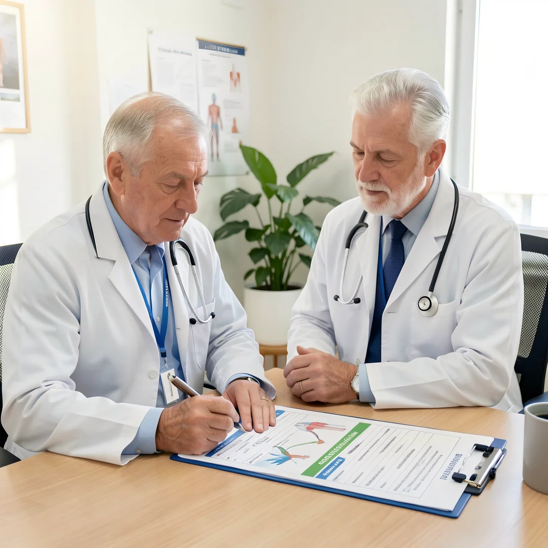 Step 1: Doctor consultation with men over 60 patient reviewing health chart and baseline checkup plan