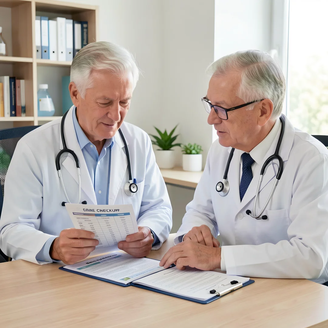 Step 1: Doctor consultation with men over 60 patient reviewing health chart and baseline checkup plan