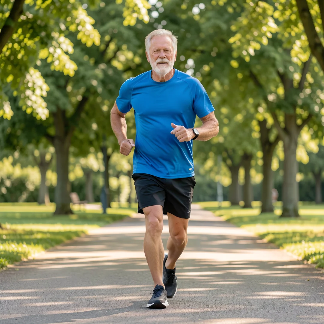 Step 2: Men over 60 man exercising outdoors jogging for cardiovascular health routine