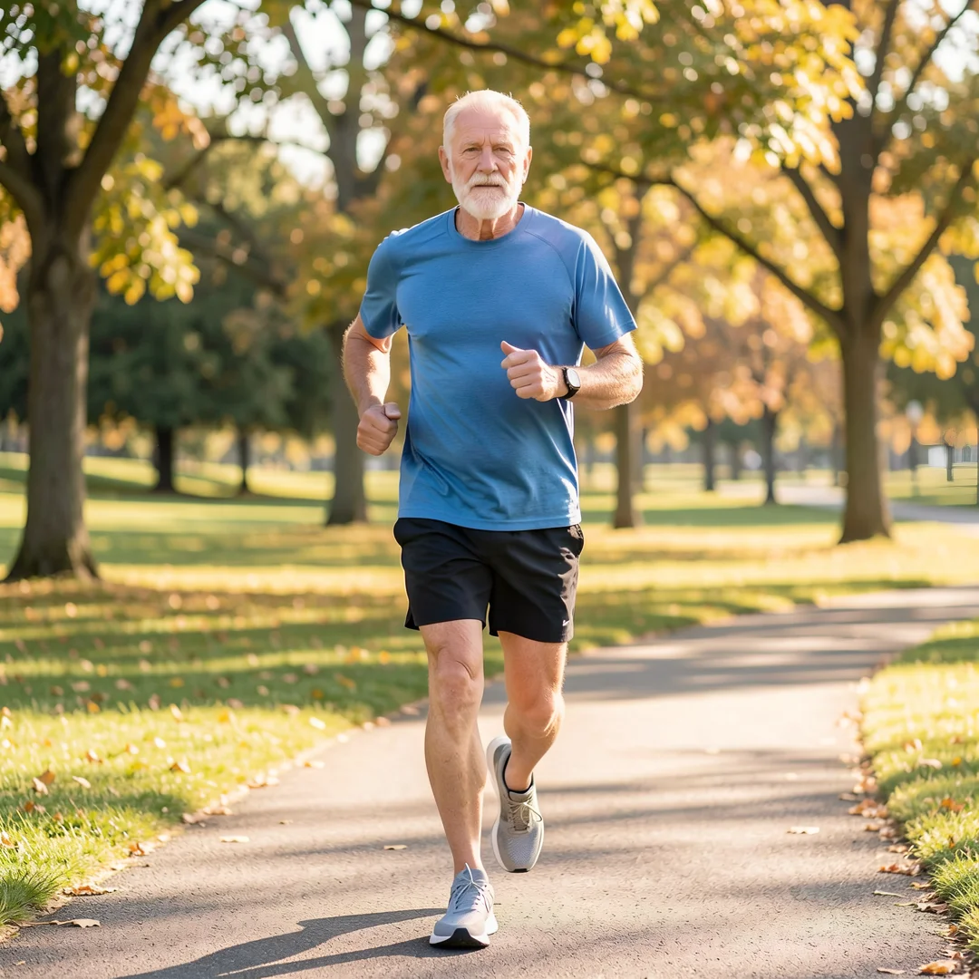 Step 2: Men over 60 man exercising outdoors jogging for cardiovascular health routine