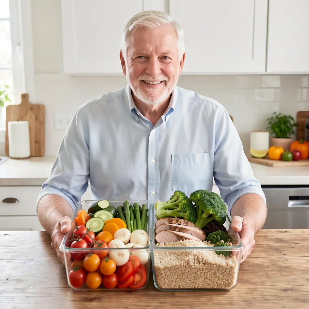 Step 3: Healthy balanced meal prep with vegetables lean protein and whole grains for men over 60 nutrition