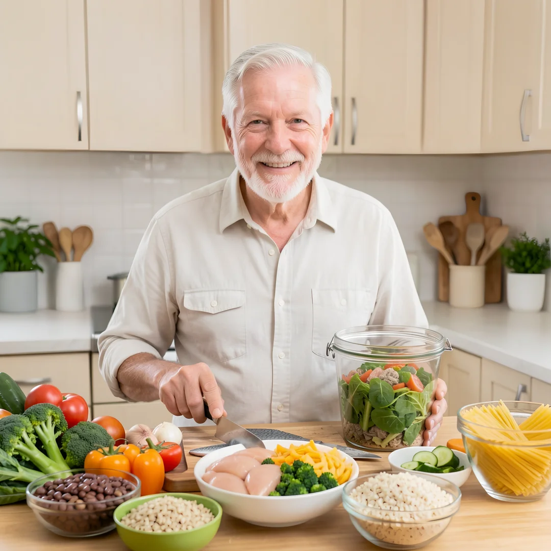 Step 3: Healthy balanced meal prep with vegetables lean protein and whole grains for men over 60 nutrition