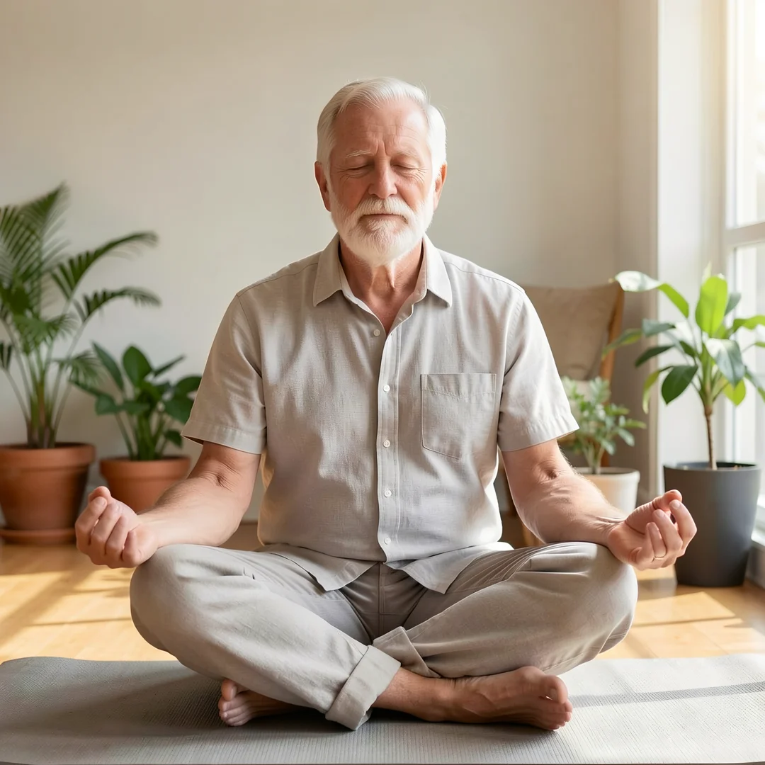 Step 4: Men over 60 man practicing mindfulness meditation for mental health and stress relief