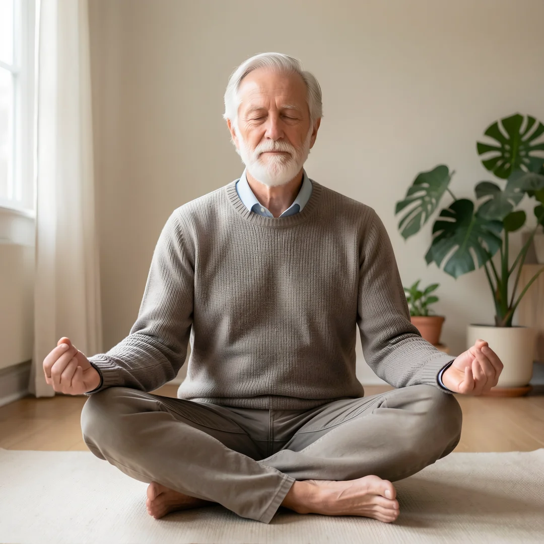 Step 4: Men over 60 man practicing mindfulness meditation for mental health and stress relief