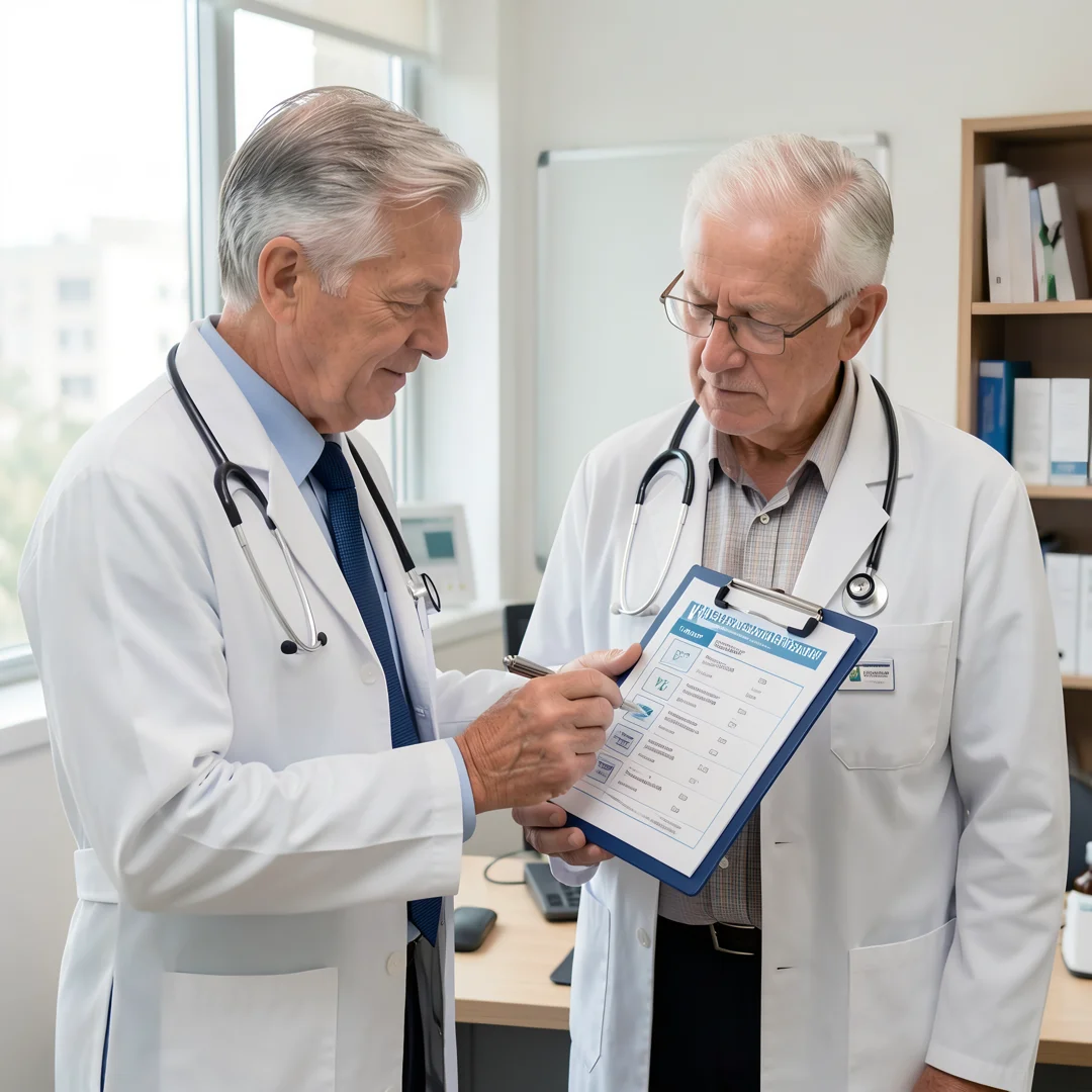 Step 6: Medical screening checklist being reviewed by doctor with men over 60 patient