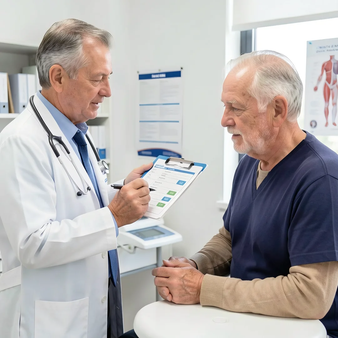 Step 6: Medical screening checklist being reviewed by doctor with men over 60 patient