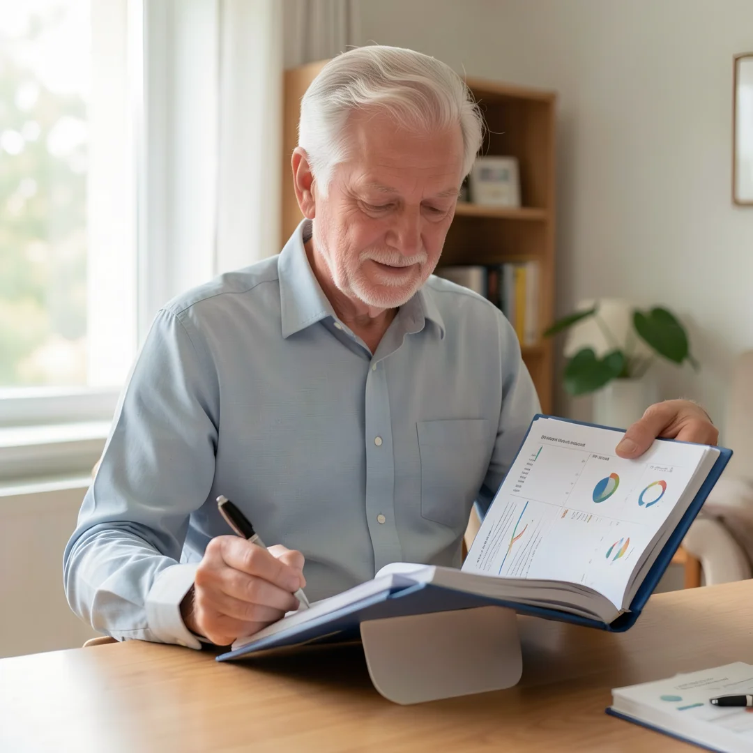 Step 8: Men over 60 man reviewing personal health goals and wellness planner long term