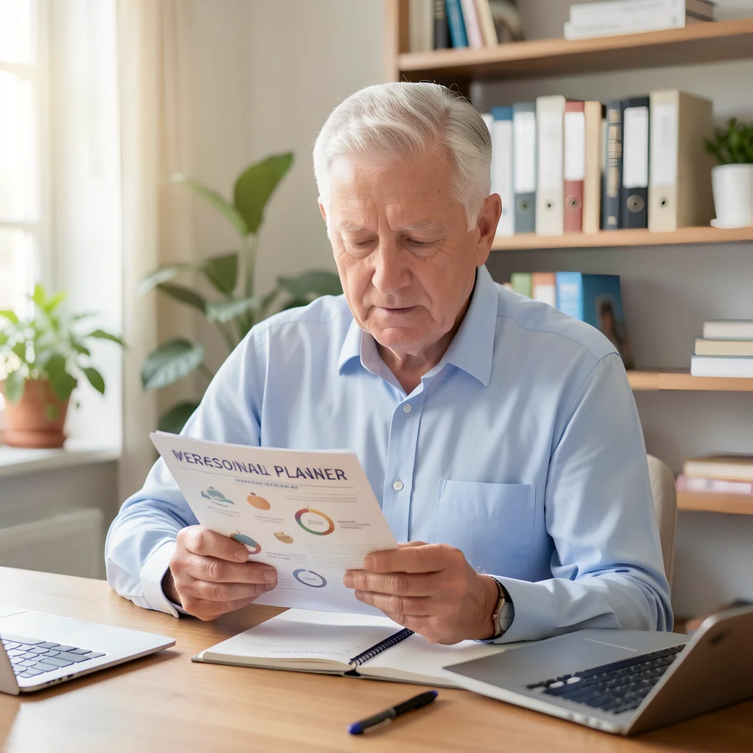 Step 8: Men over 60 man reviewing personal health goals and wellness planner long term